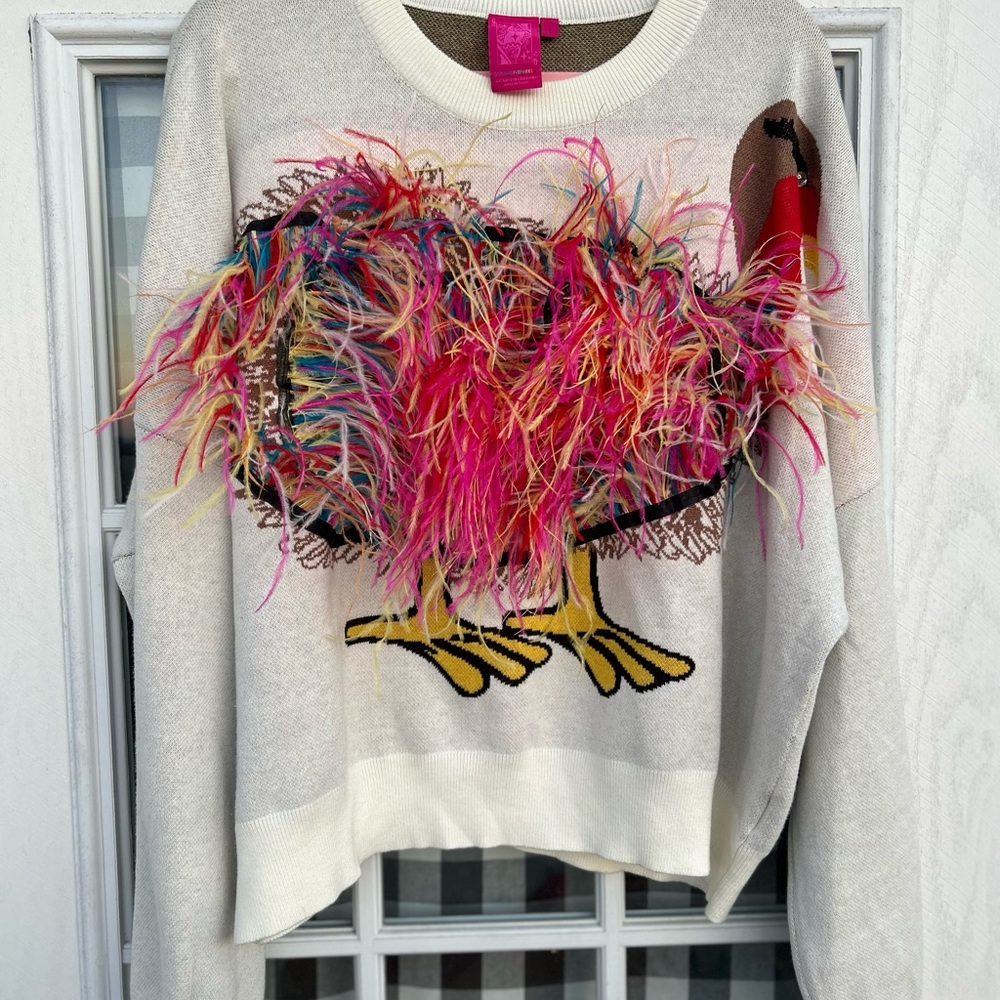QUEEN OF SPARKLES Multicolor Feathered Sweater Turkey